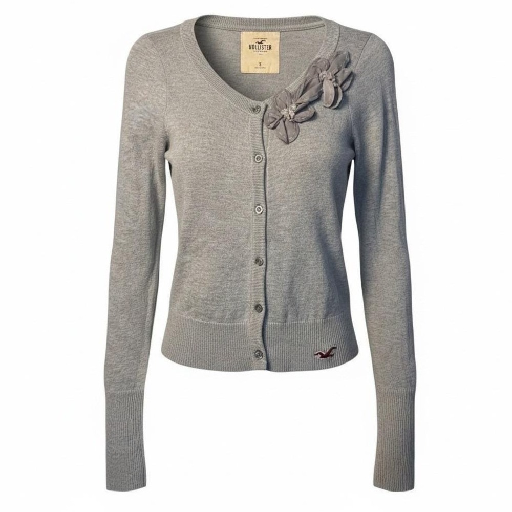 VTG Y2K Hollister Womens Small Gray Knit Cardigan V‑Neck Floral Appliqué Sweater